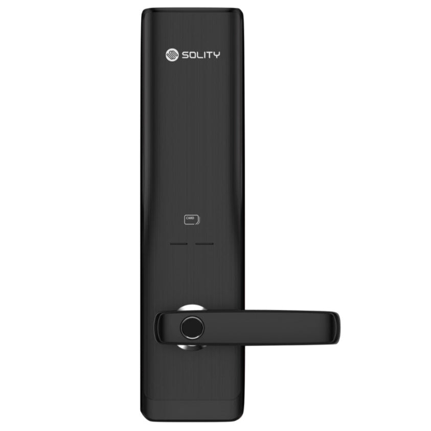 Black digital door lock with SOLITY branding on a white background