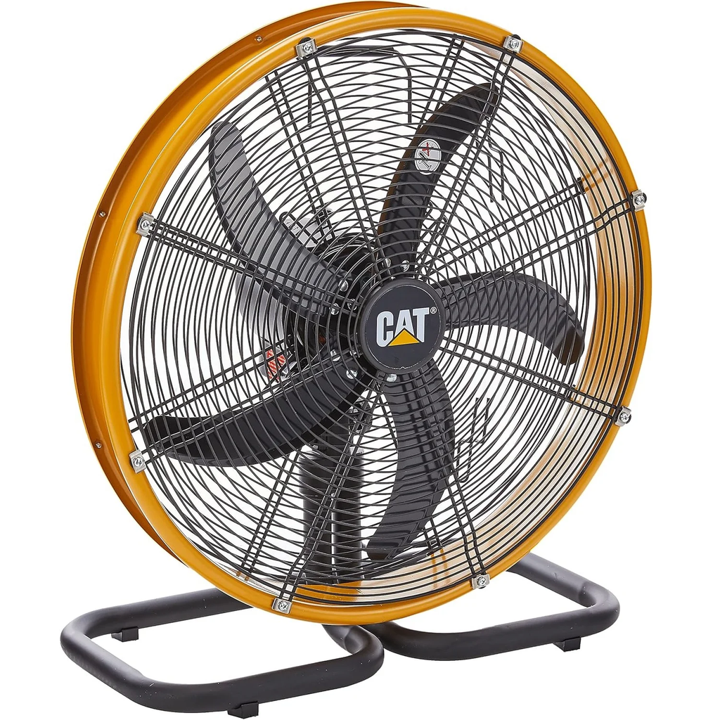 Diagonal view of Floor Power Fan in Yellow Grey by Caterpillar