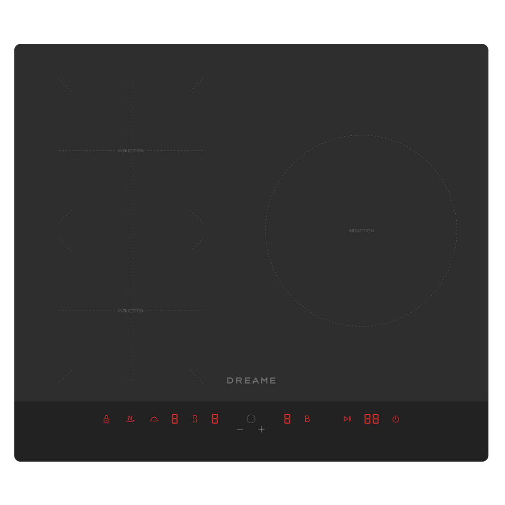 Black induction cooktop with digital display on a white background