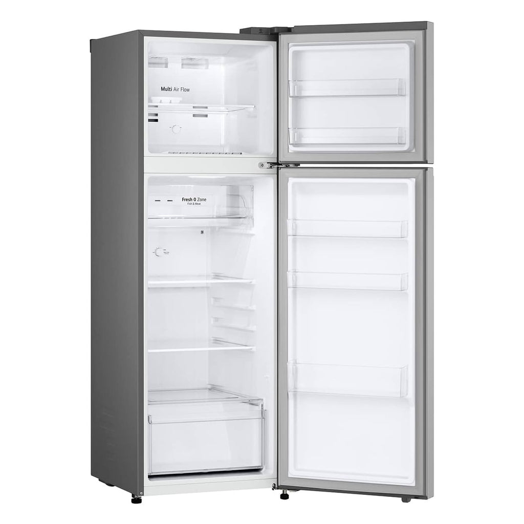 silver refrigerator with open doors on a white background