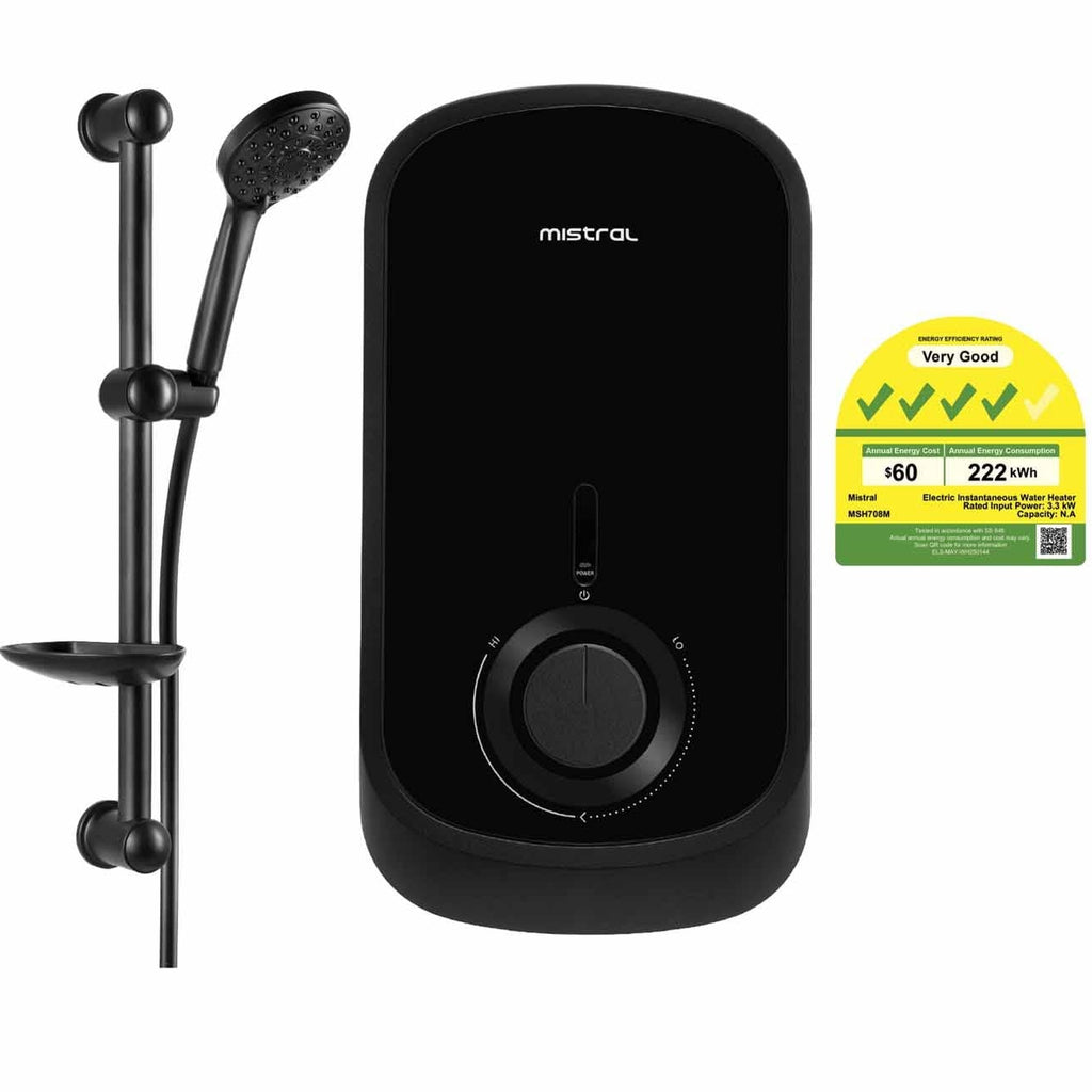 Black shower head and control panel with a rating label on a white background