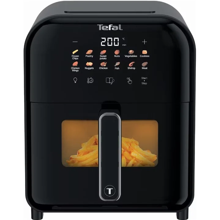 Front view of New Black Tefal Airfryer EY8218 with fries inside it