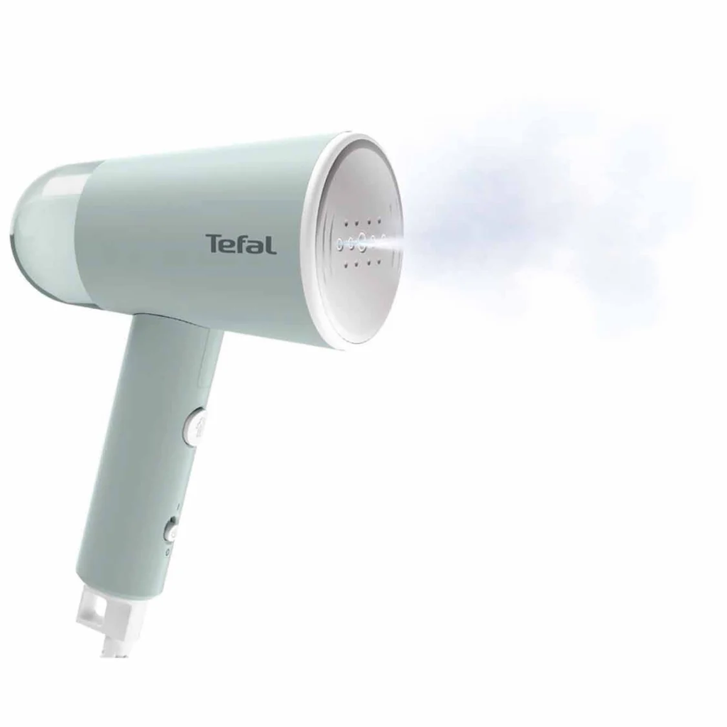 Foldable Handheld Steamer by Tefal in Green DT1034 with steam coming out