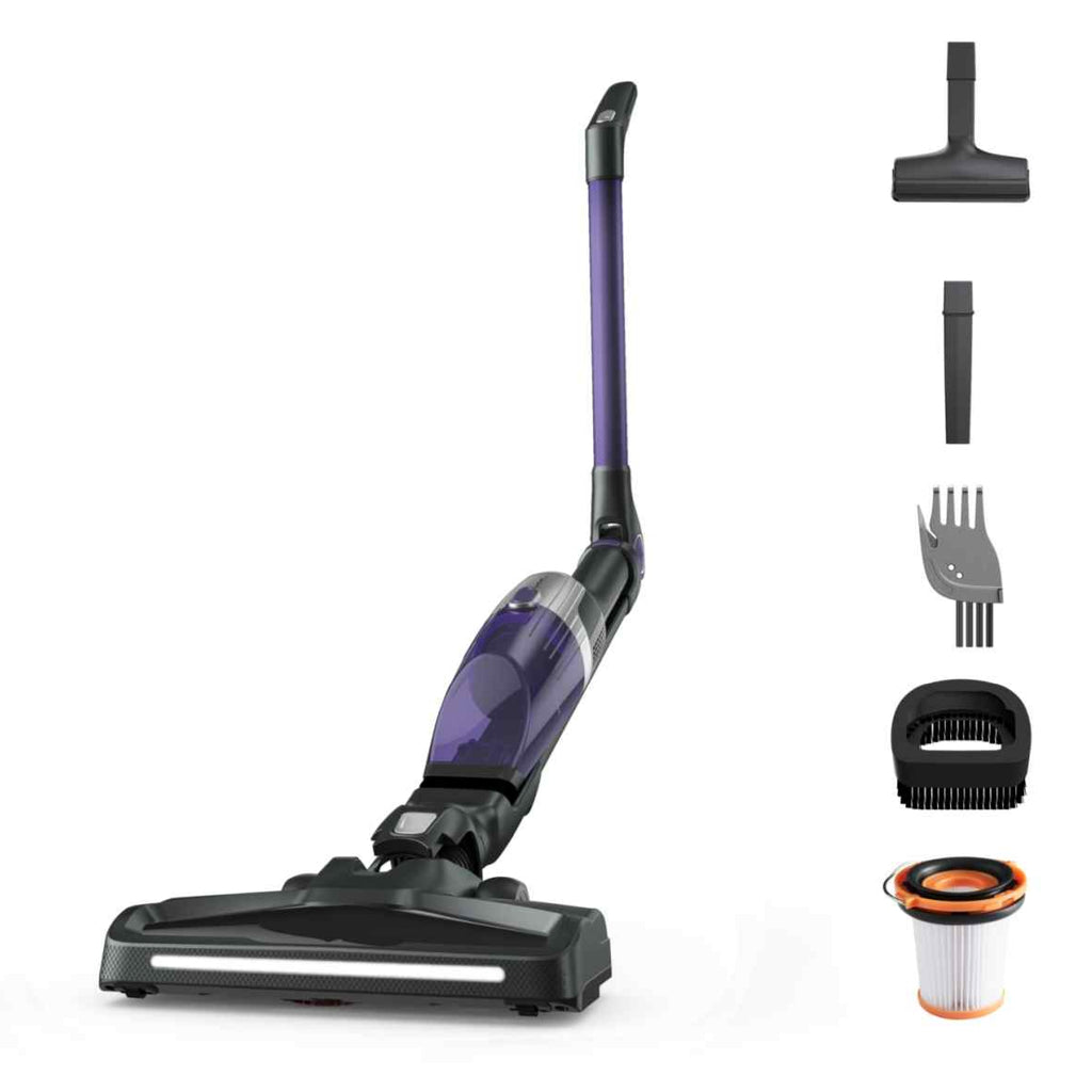 Purple and black vacuum cleaner with attachments on a white background