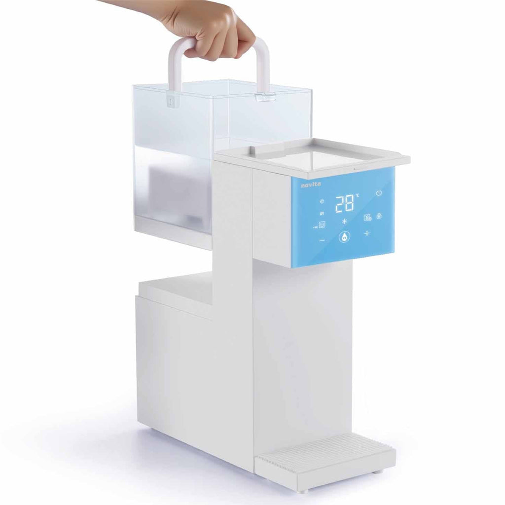 White water dispenser with digital display held by a hand on a white background
