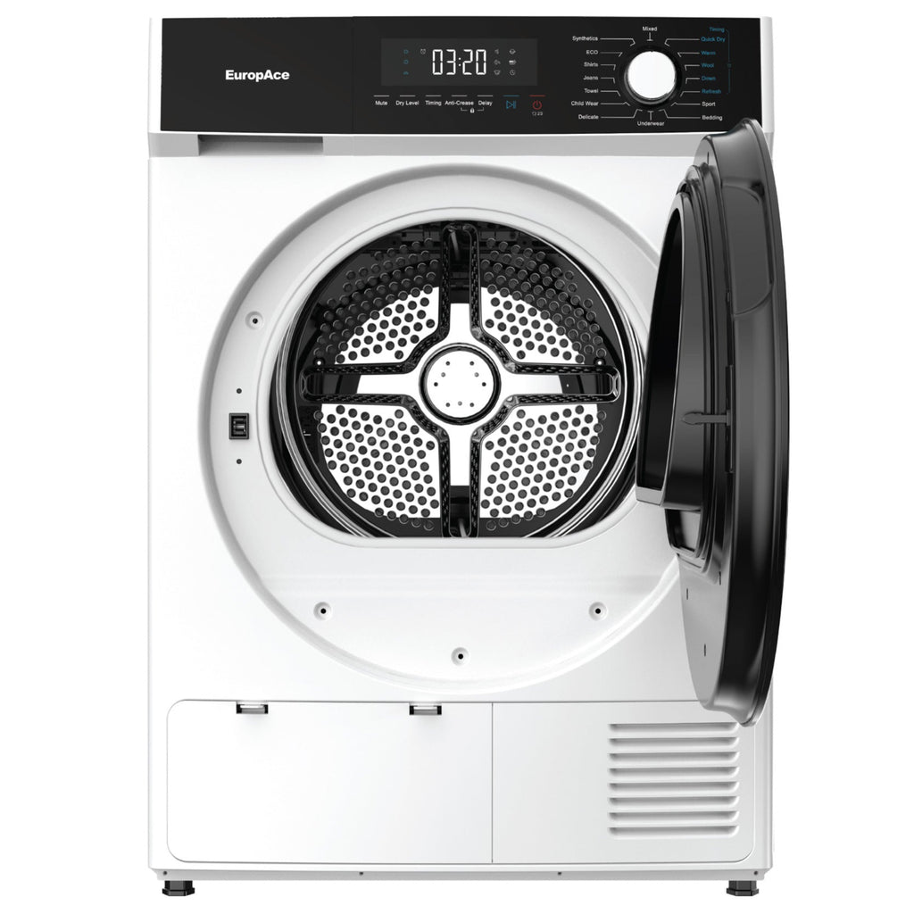 White dryer with black door on a white background