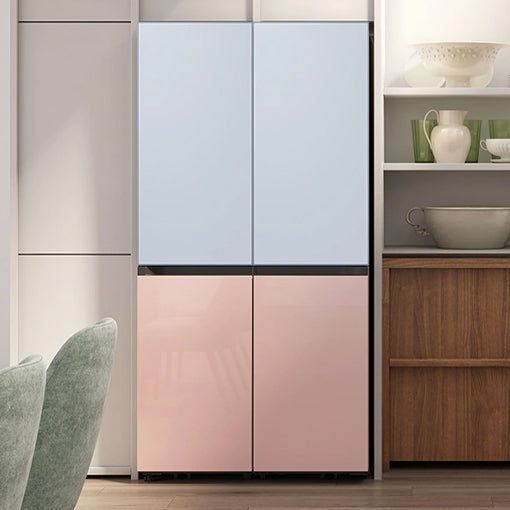 pink and blue fridge side-by-side