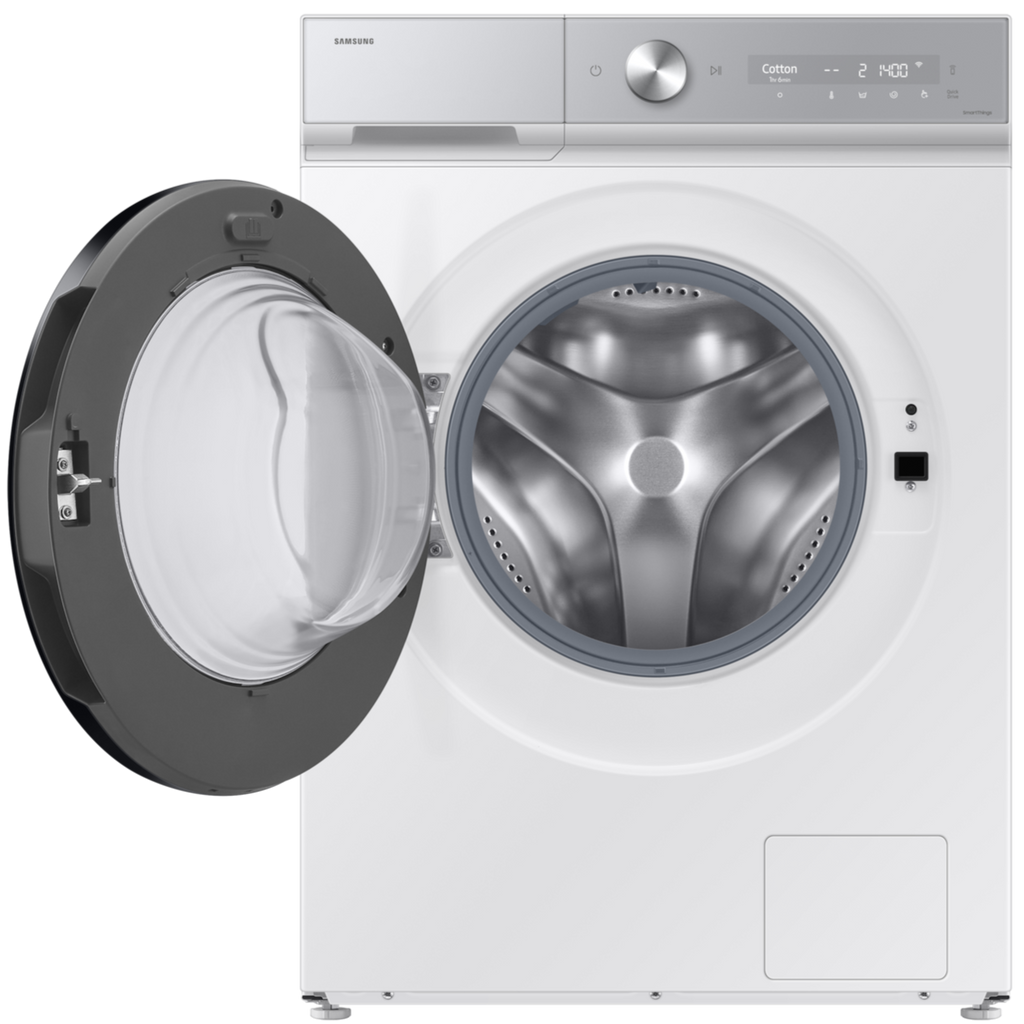 front open door view of Laundry White Washer & Dryer WD11DB8B85GHSP Samsung