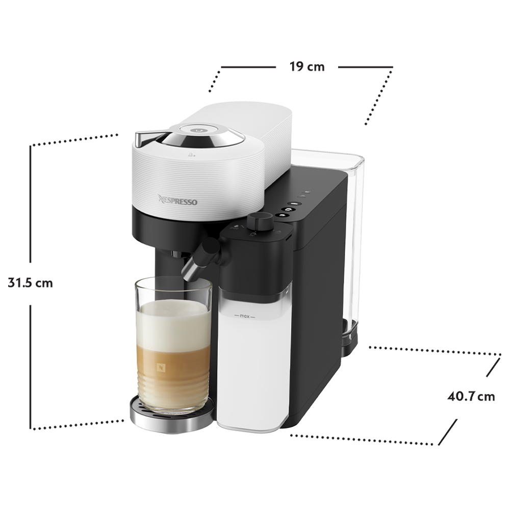 vertuo latt coffee machine with dimensions labeled on a white background