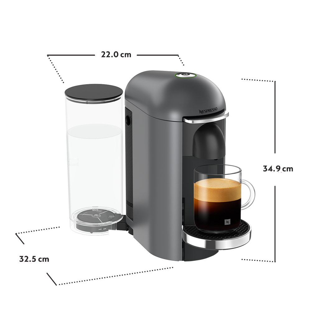 Nespresso vertuo-plus-premium coffee machine with dimensions labeled on a white background