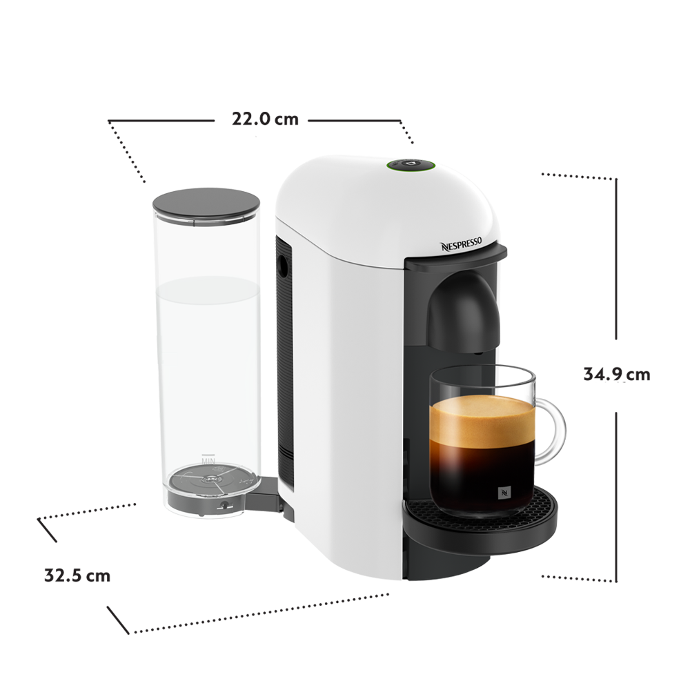 Nespresso vertuo-plus coffee machine with dimensions labeled on a white background