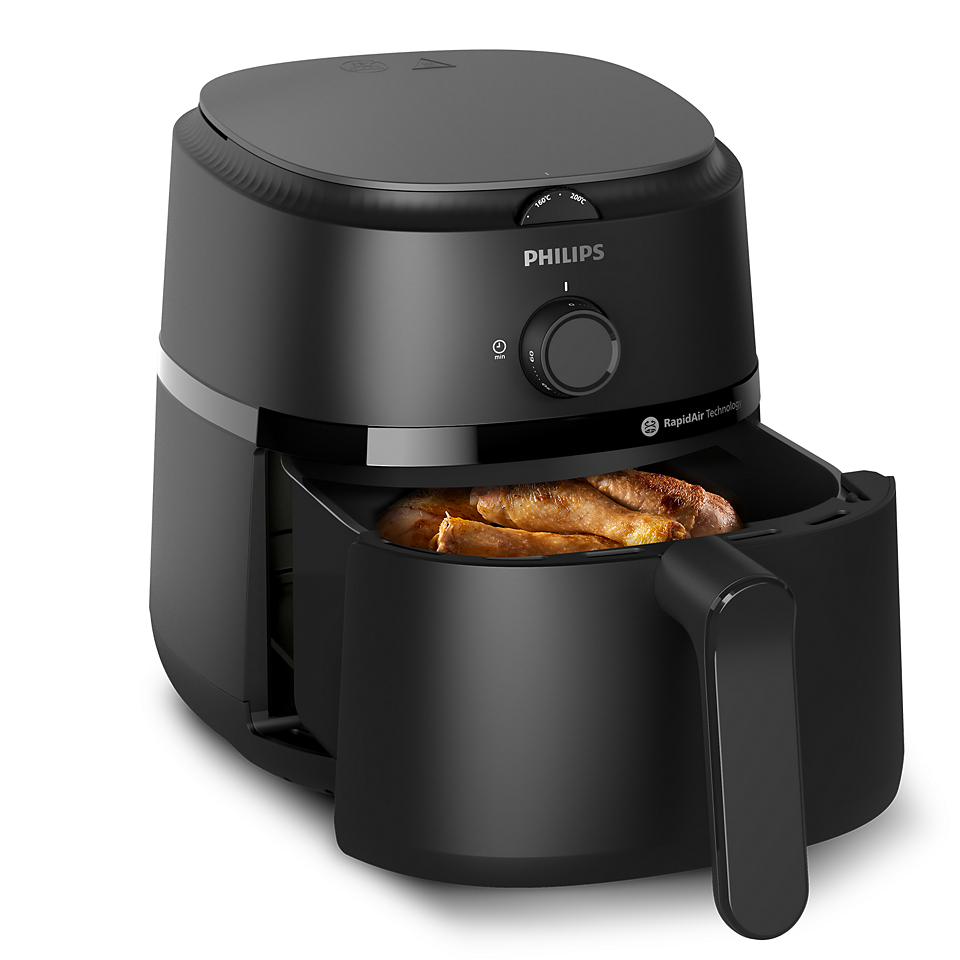 slanted view of a philips black manual control air fryer